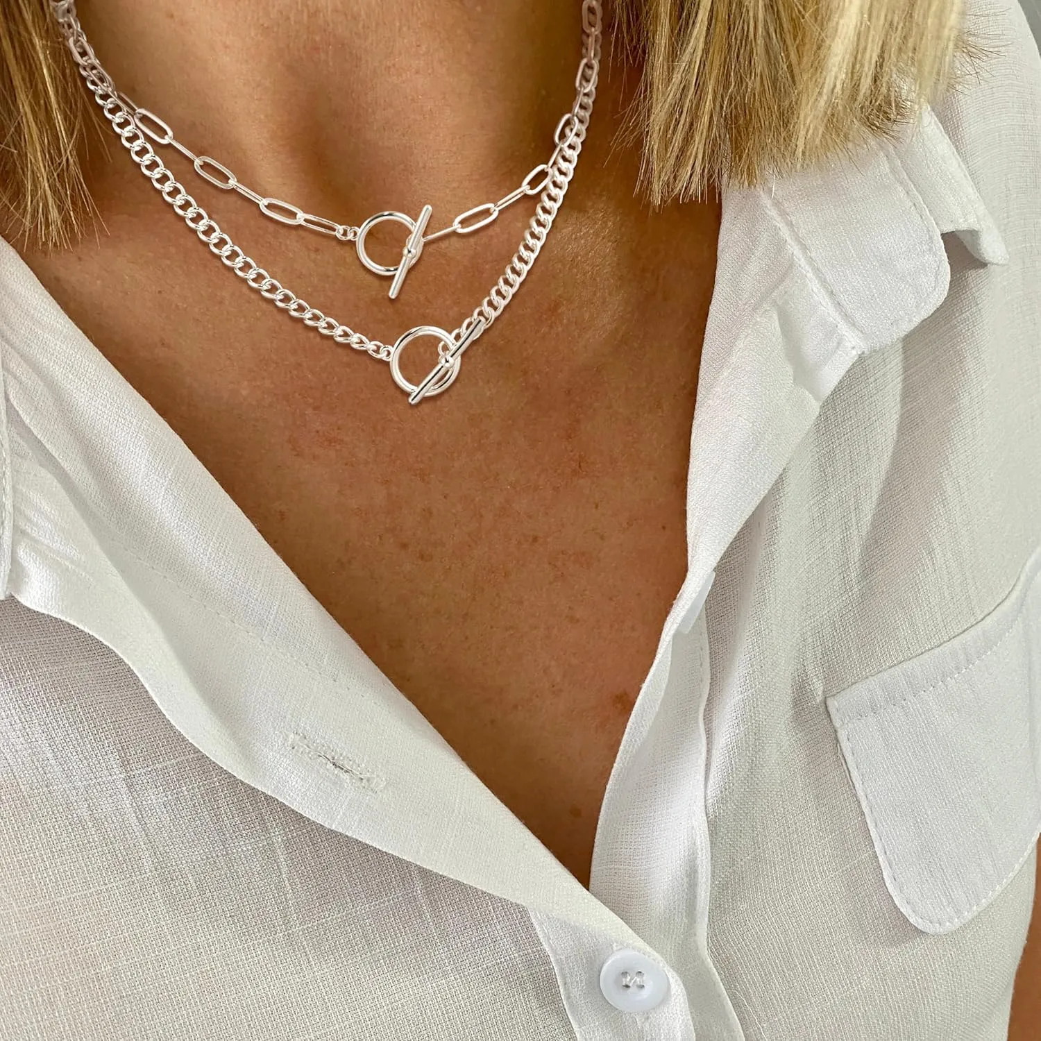 CHESKY Silver Layered Necklaces for Women, 14K Gold/Silver Plated Chain Necklaces for Women Trendy Chunky Paperclip Chain Necklace Dainty Sterling Silver Toggle Necklaces Set Jewelry for Her