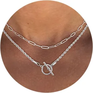 CHESKY Silver Layered Necklaces for Women, 14K Gold/Silver Plated Chain Necklaces for Women Trendy Chunky Paperclip Chain Necklace Dainty Sterling Silver Toggle Necklaces Set Jewelry for Her