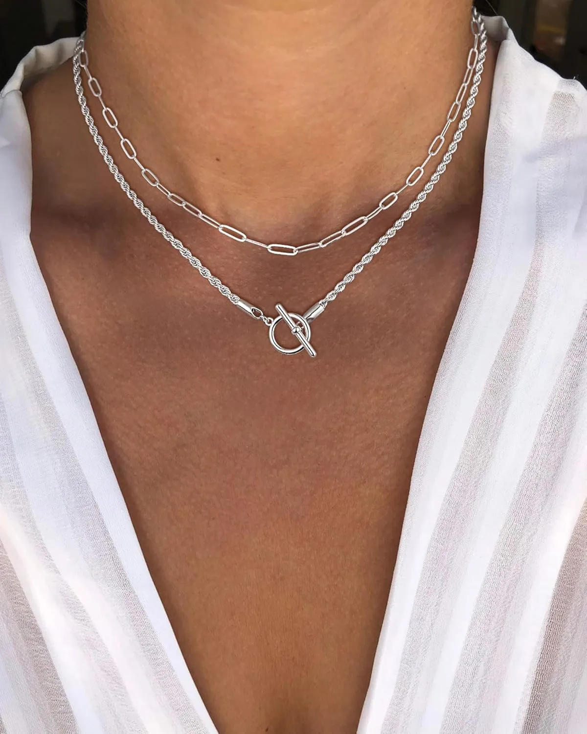 CHESKY Silver Layered Necklaces for Women, 14K Gold/Silver Plated Chain Necklaces for Women Trendy Chunky Paperclip Chain Necklace Dainty Sterling Silver Toggle Necklaces Set Jewelry for Her