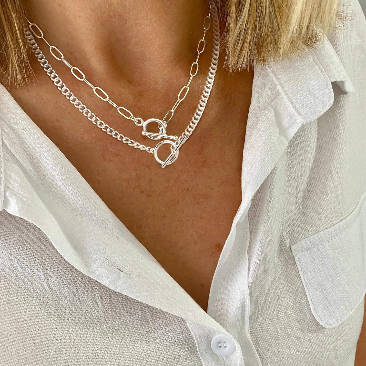 CHESKY Silver Layered Necklaces for Women, 14K Gold/Silver Plated Chain Necklaces for Women Trendy Chunky Paperclip Chain Necklace Dainty Sterling Silver Toggle Necklaces Set Jewelry for Her