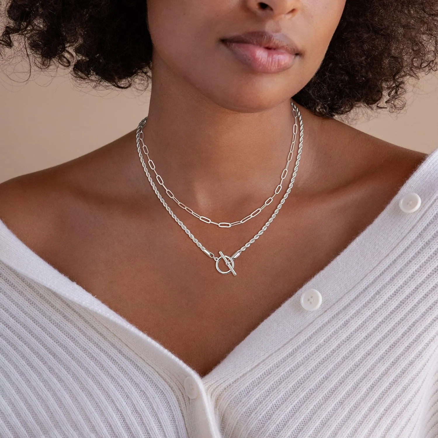 CHESKY Silver Layered Necklaces for Women, 14K Gold/Silver Plated Chain Necklaces for Women Trendy Chunky Paperclip Chain Necklace Dainty Sterling Silver Toggle Necklaces Set Jewelry for Her