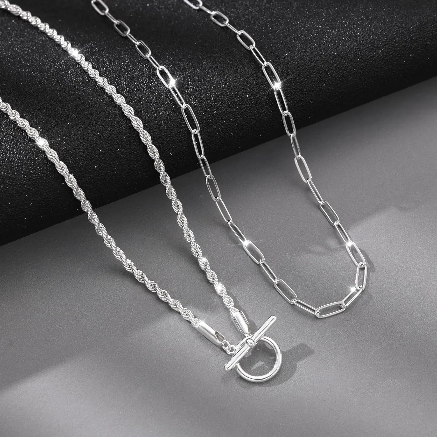 CHESKY Silver Layered Necklaces for Women, 14K Gold/Silver Plated Chain Necklaces for Women Trendy Chunky Paperclip Chain Necklace Dainty Sterling Silver Toggle Necklaces Set Jewelry for Her