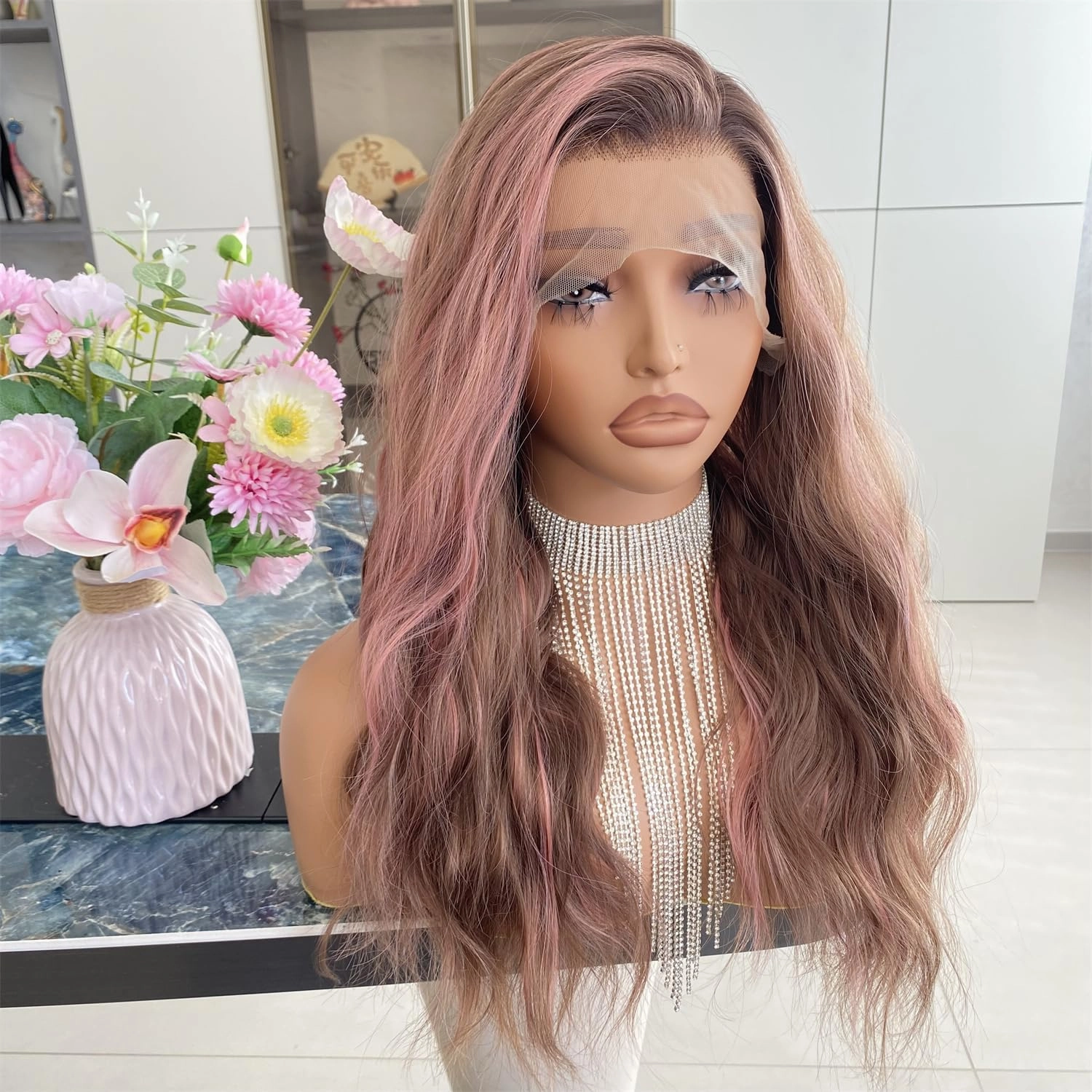 Chocolate Brown with Pink Wig Highlight 13x4 Lace Front Wigs Ombre Color Loose Curl Wave Synthetic Fiber Pre Plucked 18Inch for Women