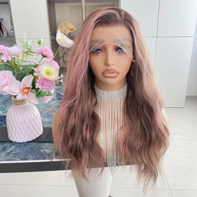 Chocolate Brown with Pink Wig Highlight 13x4 Lace Front Wigs Ombre Color Loose Curl Wave Synthetic Fiber Pre Plucked 18Inch for Women