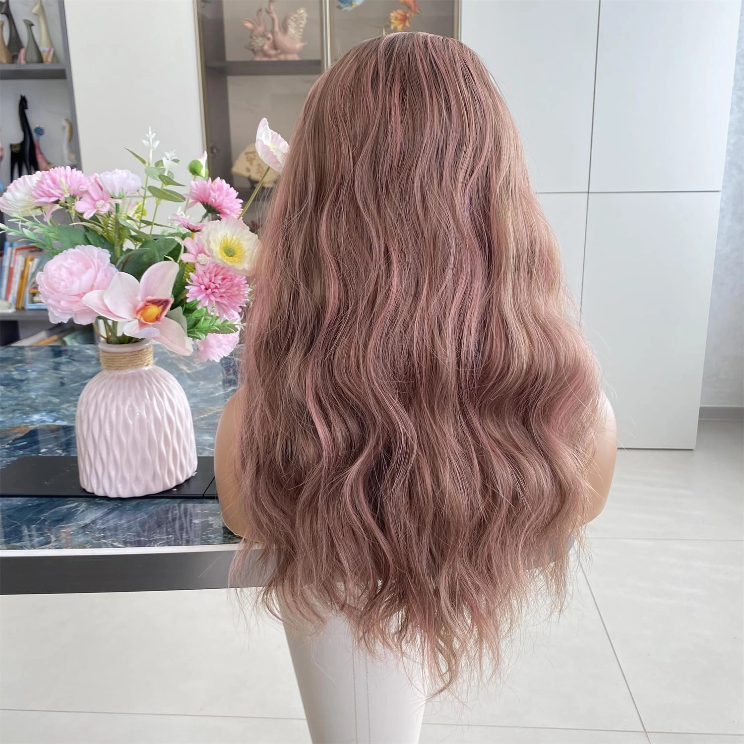 Chocolate Brown with Pink Wig Highlight 13x4 Lace Front Wigs Ombre Color Loose Curl Wave Synthetic Fiber Pre Plucked 18Inch for Women