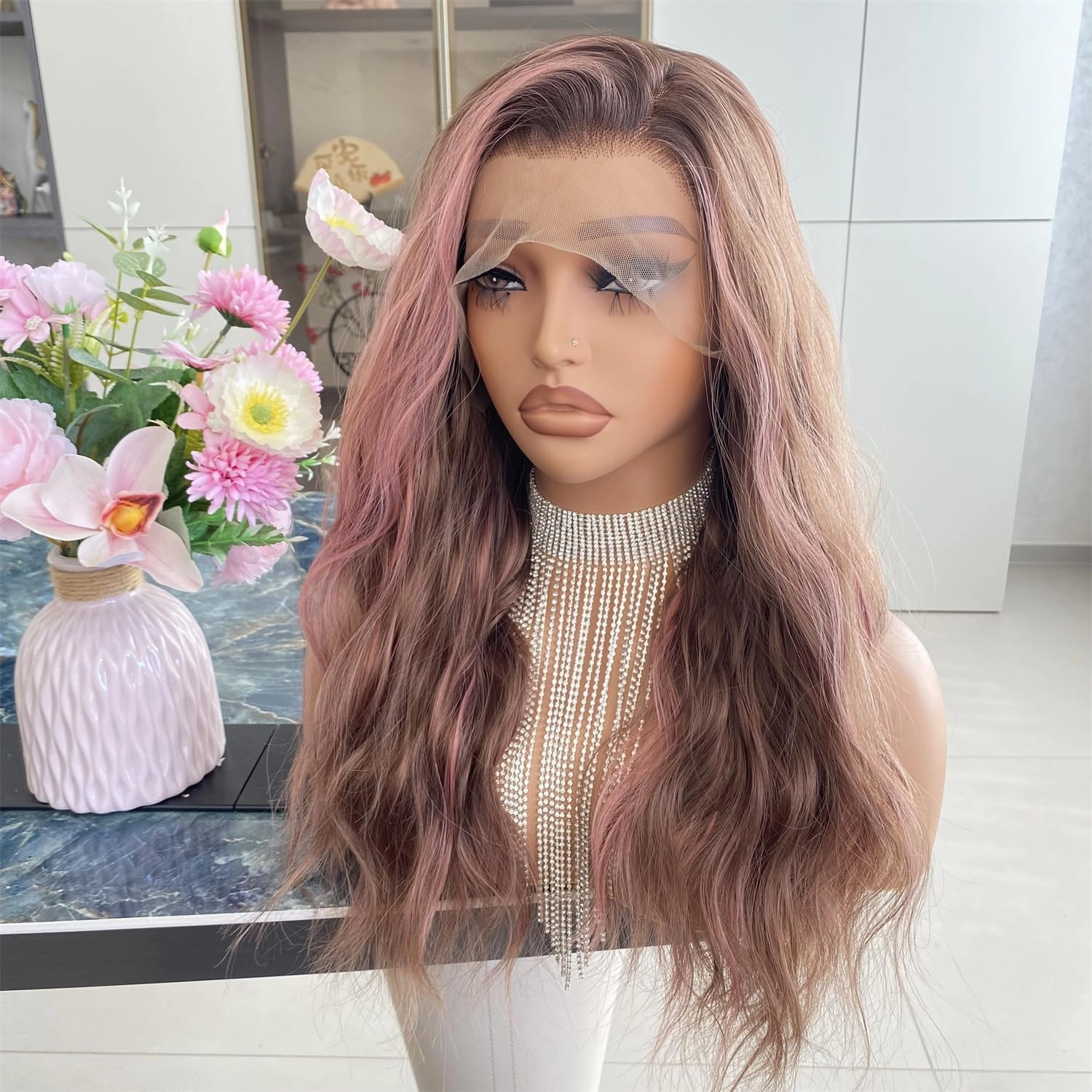 Chocolate Brown with Pink Wig Highlight 13x4 Lace Front Wigs Ombre Color Loose Curl Wave Synthetic Fiber Pre Plucked 18Inch for Women