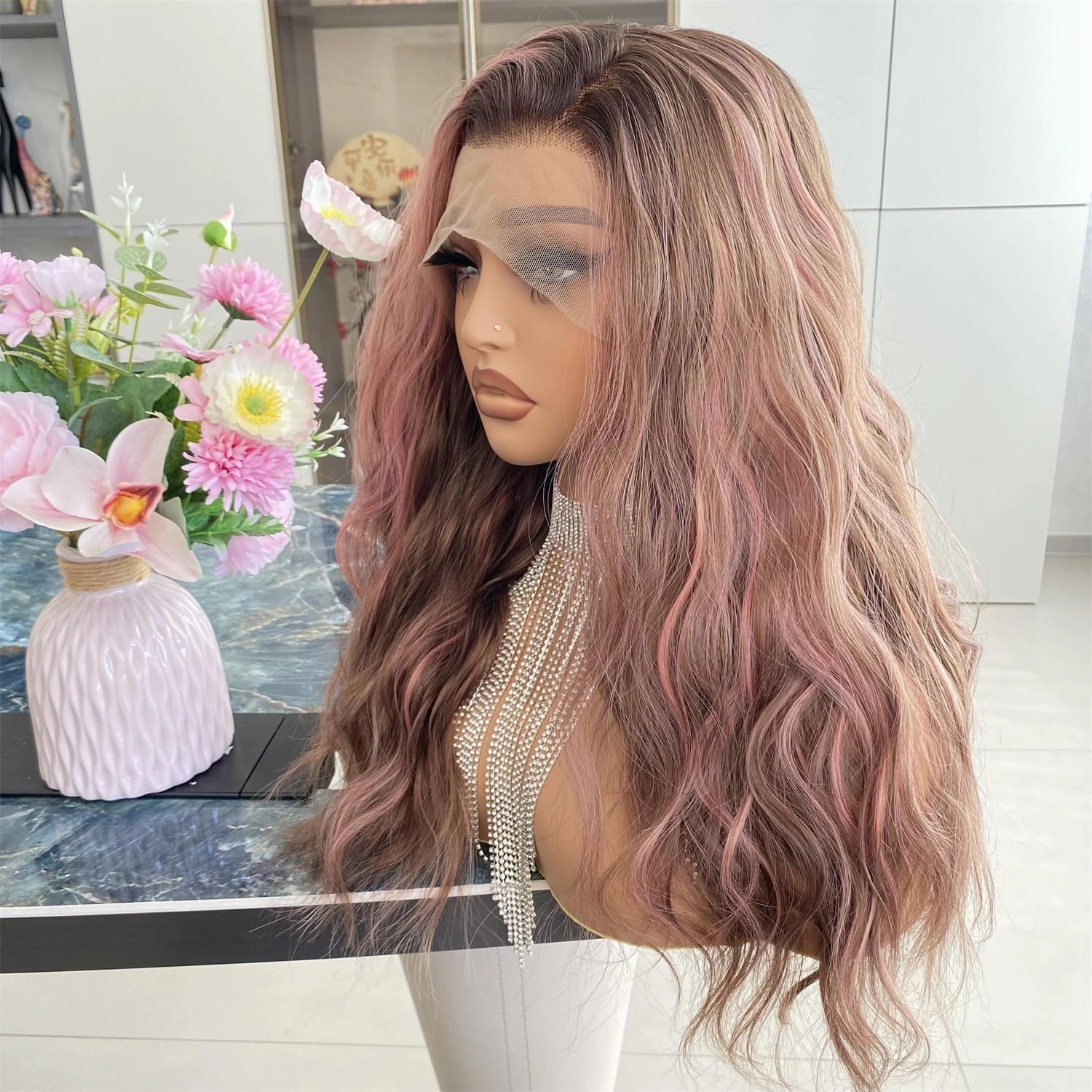 Chocolate Brown with Pink Wig Highlight 13x4 Lace Front Wigs Ombre Color Loose Curl Wave Synthetic Fiber Pre Plucked 18Inch for Women