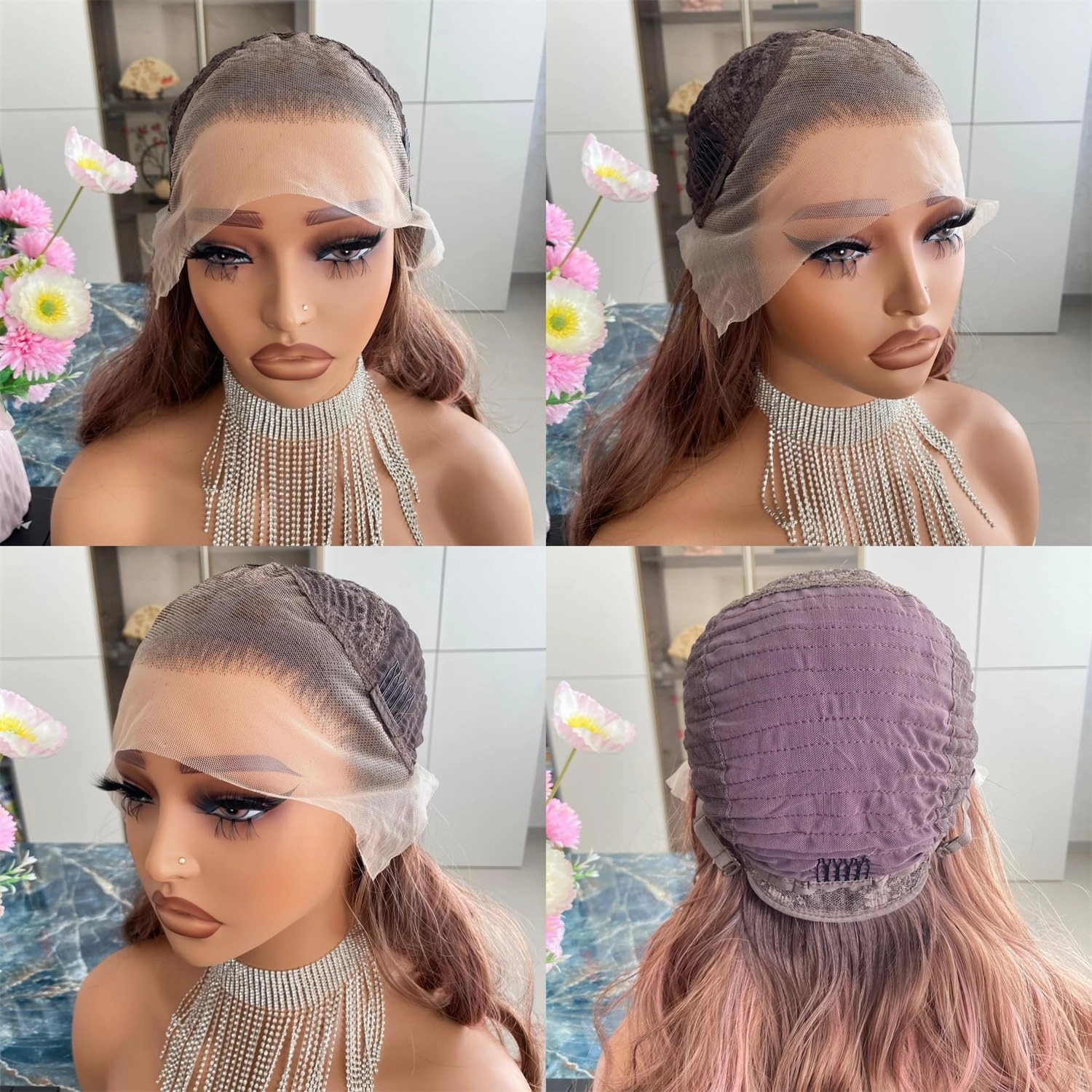 Chocolate Brown with Pink Wig Highlight 13x4 Lace Front Wigs Ombre Color Loose Curl Wave Synthetic Fiber Pre Plucked 18Inch for Women