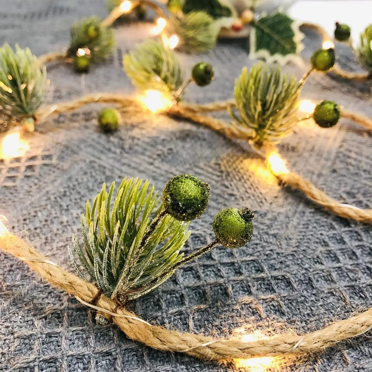 Christmas Pine Needle Berries String Lights 20 LEDs 6.6 Ft Jute Twine Garland Battery Powered Fairy Light for Indoor Outdoor Thanksgiving Xmas Party Decorations (4 Pack, A-Green)