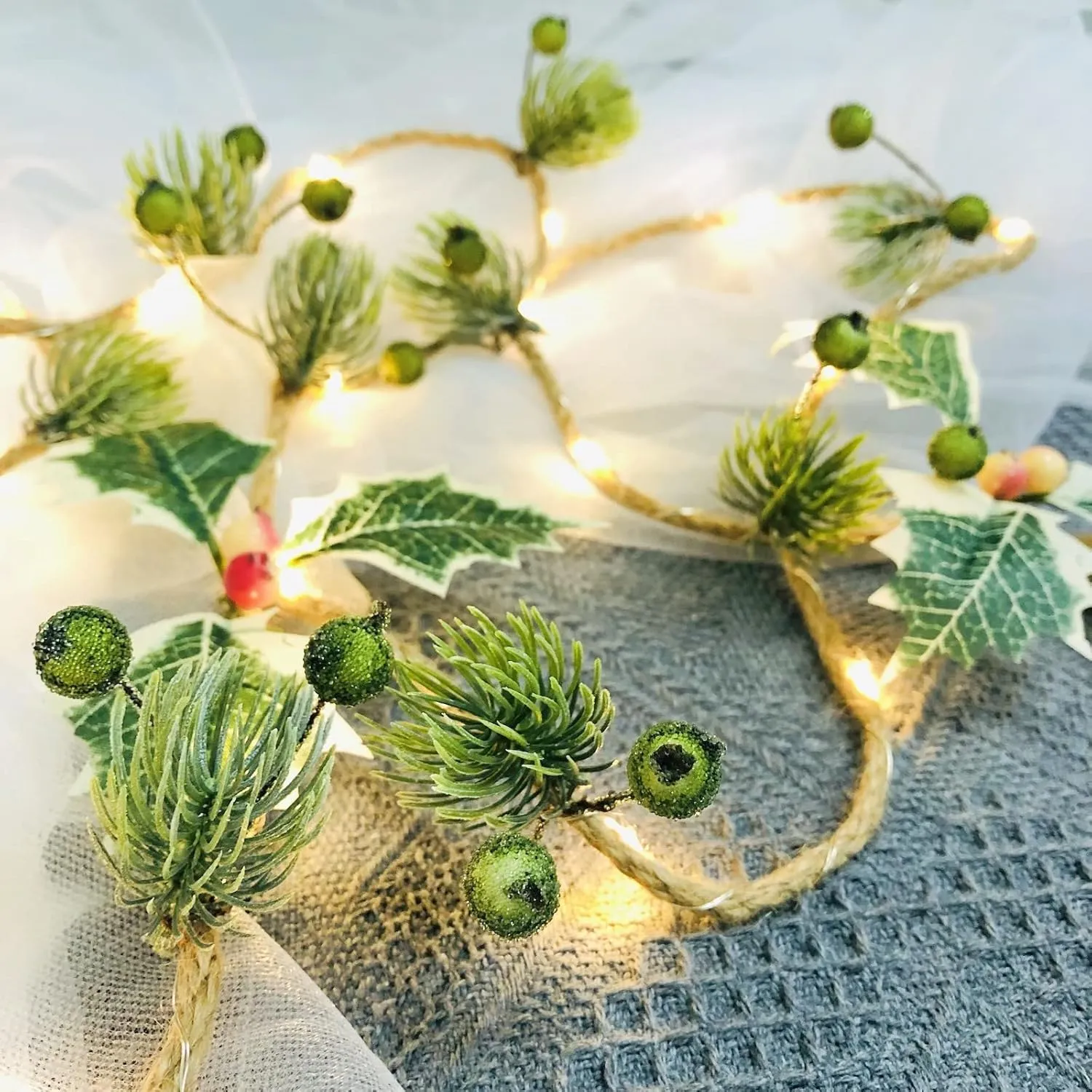 Christmas Pine Needle Berries String Lights 20 LEDs 6.6 Ft Jute Twine Garland Battery Powered Fairy Light for Indoor Outdoor Thanksgiving Xmas Party Decorations (4 Pack, A-Green)