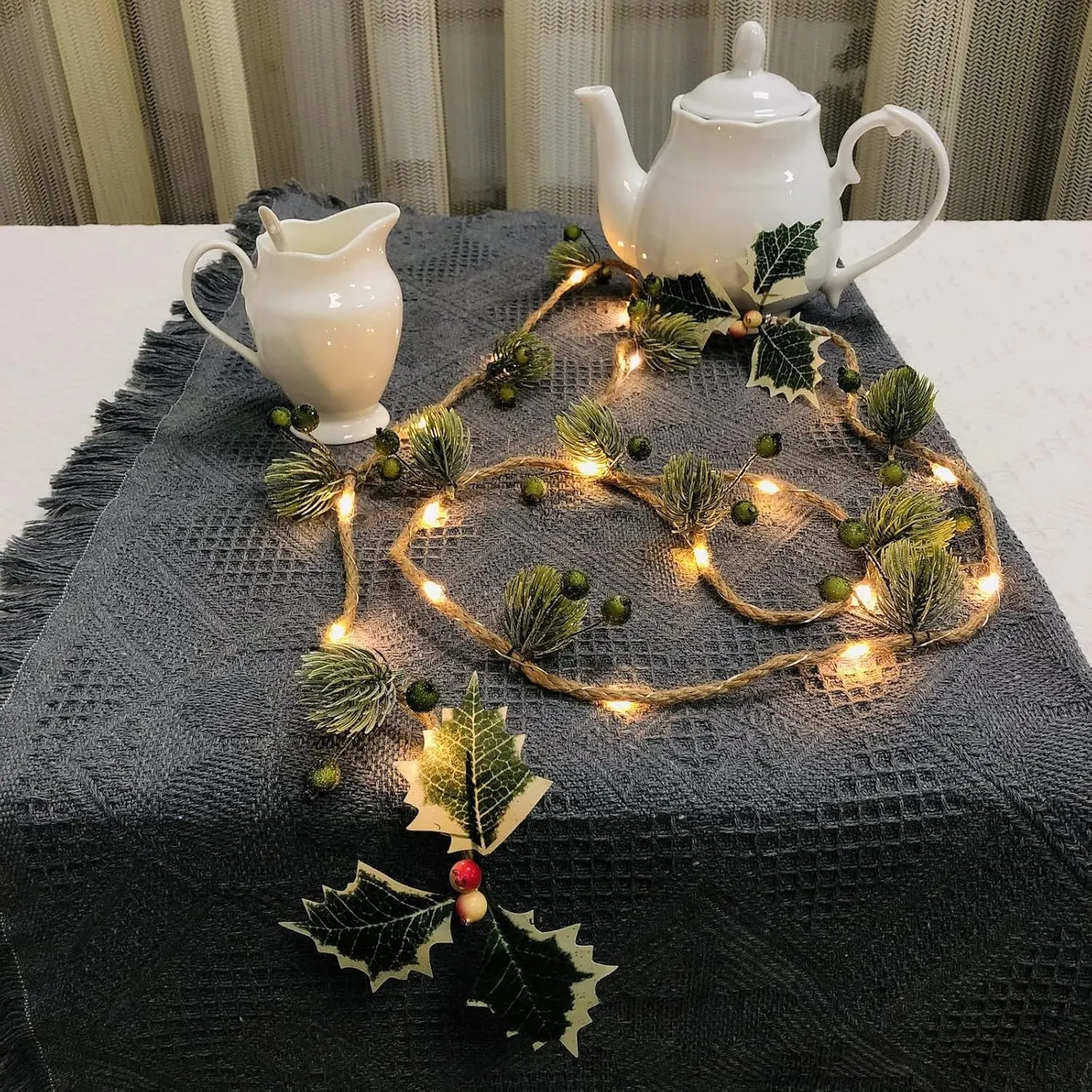 Christmas Pine Needle Berries String Lights 20 LEDs 6.6 Ft Jute Twine Garland Battery Powered Fairy Light for Indoor Outdoor Thanksgiving Xmas Party Decorations (4 Pack, A-Green)