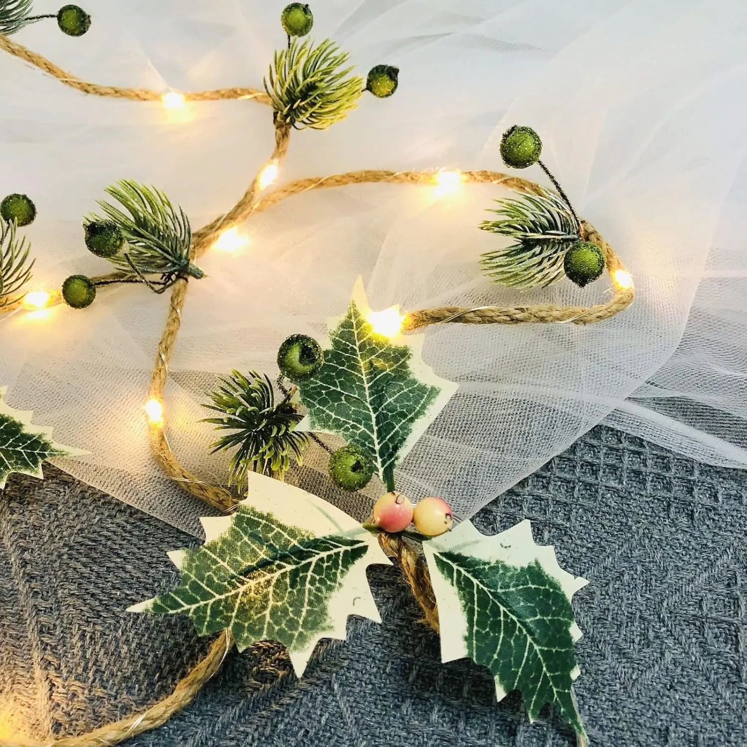 Christmas Pine Needle Berries String Lights 20 LEDs 6.6 Ft Jute Twine Garland Battery Powered Fairy Light for Indoor Outdoor Thanksgiving Xmas Party Decorations (4 Pack, A-Green)