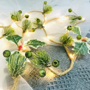 Christmas Pine Needle Berries String Lights 20 LEDs 6.6 Ft Jute Twine Garland Battery Powered Fairy Light for Indoor Outdoor Thanksgiving Xmas Party Decorations (4 Pack, A-Green)