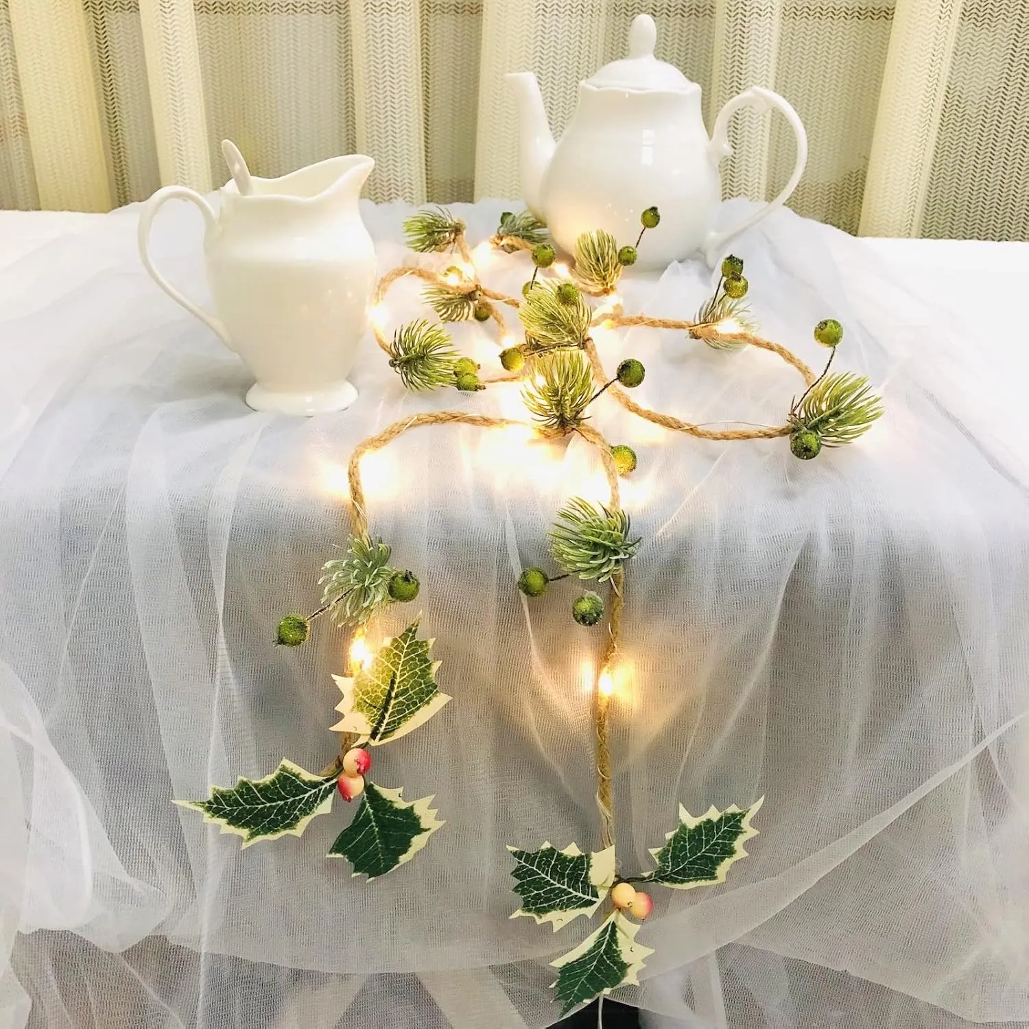 Christmas Pine Needle Berries String Lights 20 LEDs 6.6 Ft Jute Twine Garland Battery Powered Fairy Light for Indoor Outdoor Thanksgiving Xmas Party Decorations (4 Pack, A-Green)