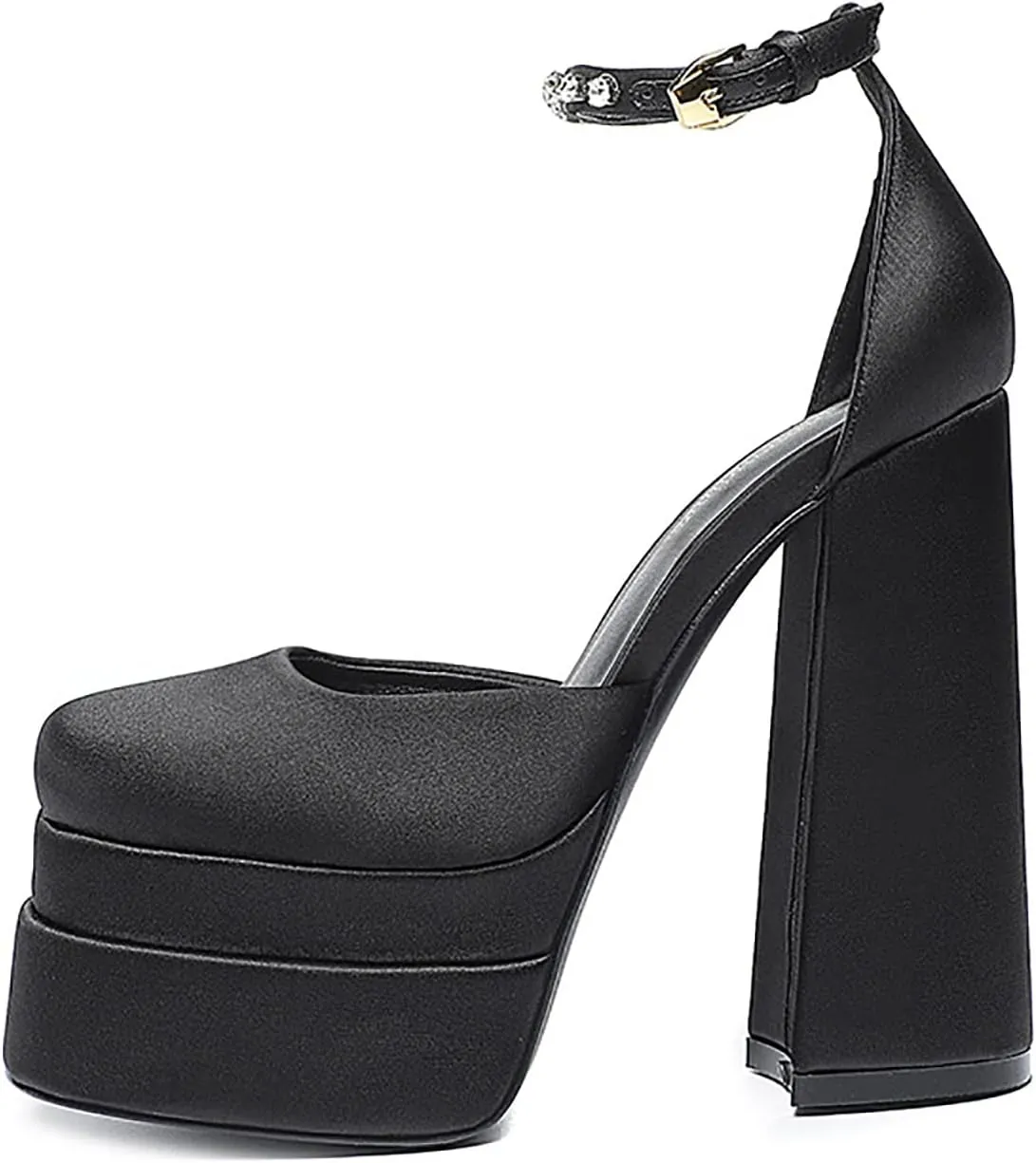 Chunky Block Heels for Women Square Toe Ankle Strap Buckle Rhinestones Wedge Silk Satin High Platform Heels Dress Pumps Shoes,Black,36 EU/6 US