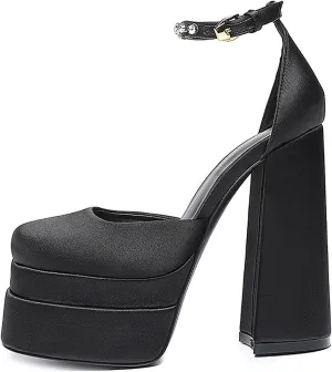 Chunky Block Heels for Women Square Toe Ankle Strap Buckle Rhinestones Wedge Silk Satin High Platform Heels Dress Pumps Shoes,Black,36 EU/6 US