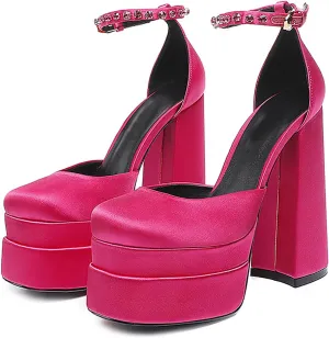 Chunky Block Heels for Women Square Toe Ankle Strap Buckle Rhinestones Wedge Silk Satin High Platform Heels Dress Pumps Shoes,Pink,35 EU/5.5 US