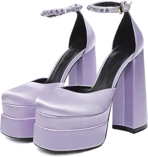 Chunky Block Heels for Women Square Toe Ankle Strap Buckle Rhinestones Wedge Silk Satin High Platform Heels Dress Pumps Shoes,Purple,40 EU/8 US
