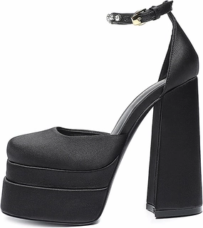 Chunky Block Heels for Women Square Toe Ankle Strap Buckle Rhinestones Wedge Silk Satin High Platform Heels Dress Pumps Shoes,Black,35 EU/5.5 US
