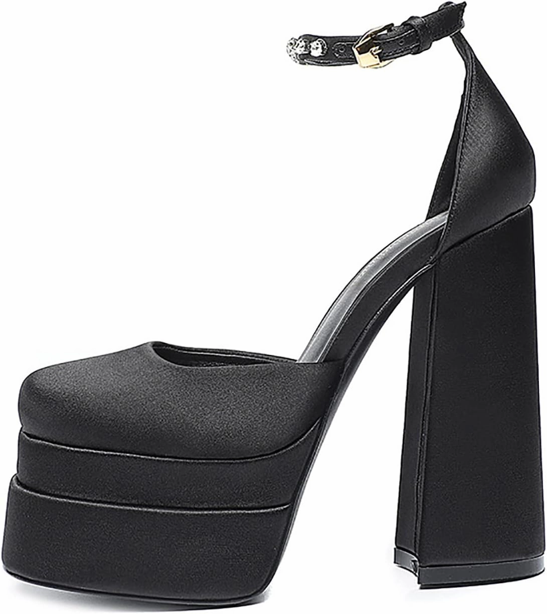 Chunky Block Heels for Women Square Toe Ankle Strap Buckle Rhinestones Wedge Silk Satin High Platform Heels Dress Pumps Shoes,Black,35 EU/5.5 US