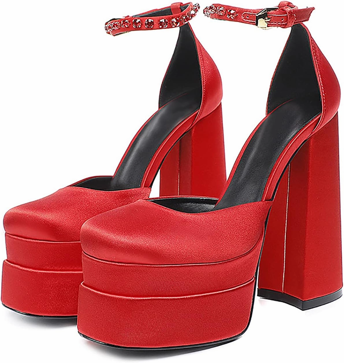 Chunky Block Heels for Women Square Toe Ankle Strap Buckle Rhinestones Wedge Silk Satin High Platform Heels Dress Pumps Shoes,Red,39 EU/7.5 US