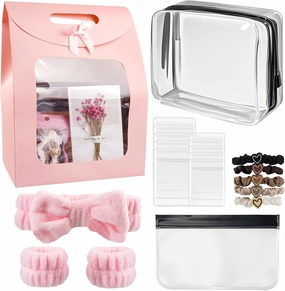Clear Makeup Bag, Travel Essential Toiletry Bag with Jewelry & Brush Bags, Spa kit Headband, Wristbands, Heart Hair Ties, Cosmetic Organizer Gift Set for Women - Birthday, Graduation, Bridesmaid