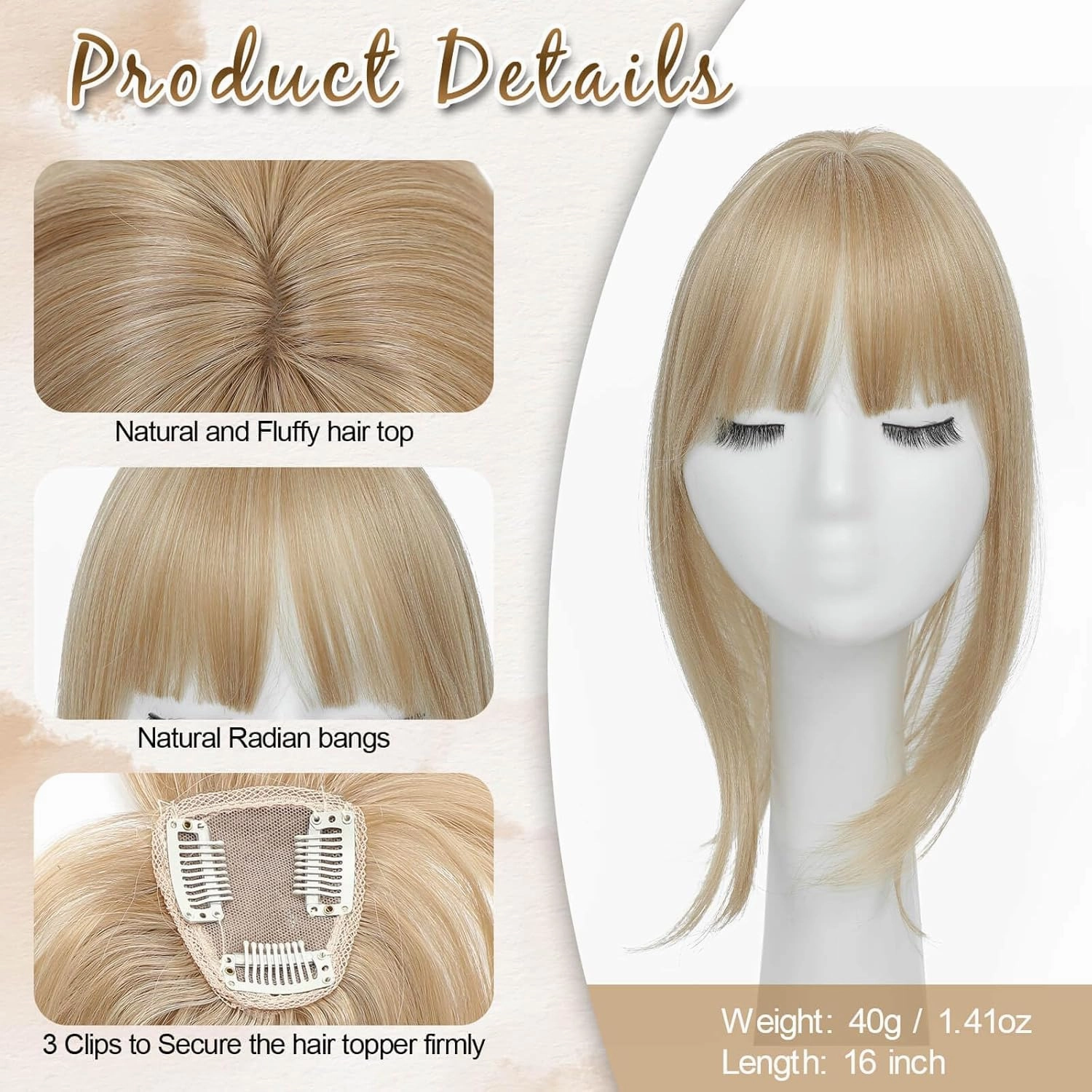 Clip in Bangs, 360° Fake Bangs Hair French Bangs Clip in Hair Extensions, Gold Blonde French Bangs Clip in Hairpieces Hair Bangs Toppers for Women Daily Wear