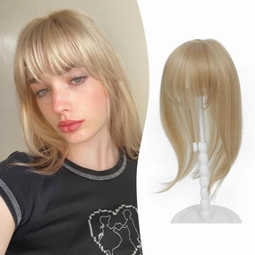 Clip in Bangs, 360° Fake Bangs Hair French Bangs Clip in Hair Extensions, Gold Blonde French Bangs Clip in Hairpieces Hair Bangs Toppers for Women Daily Wear