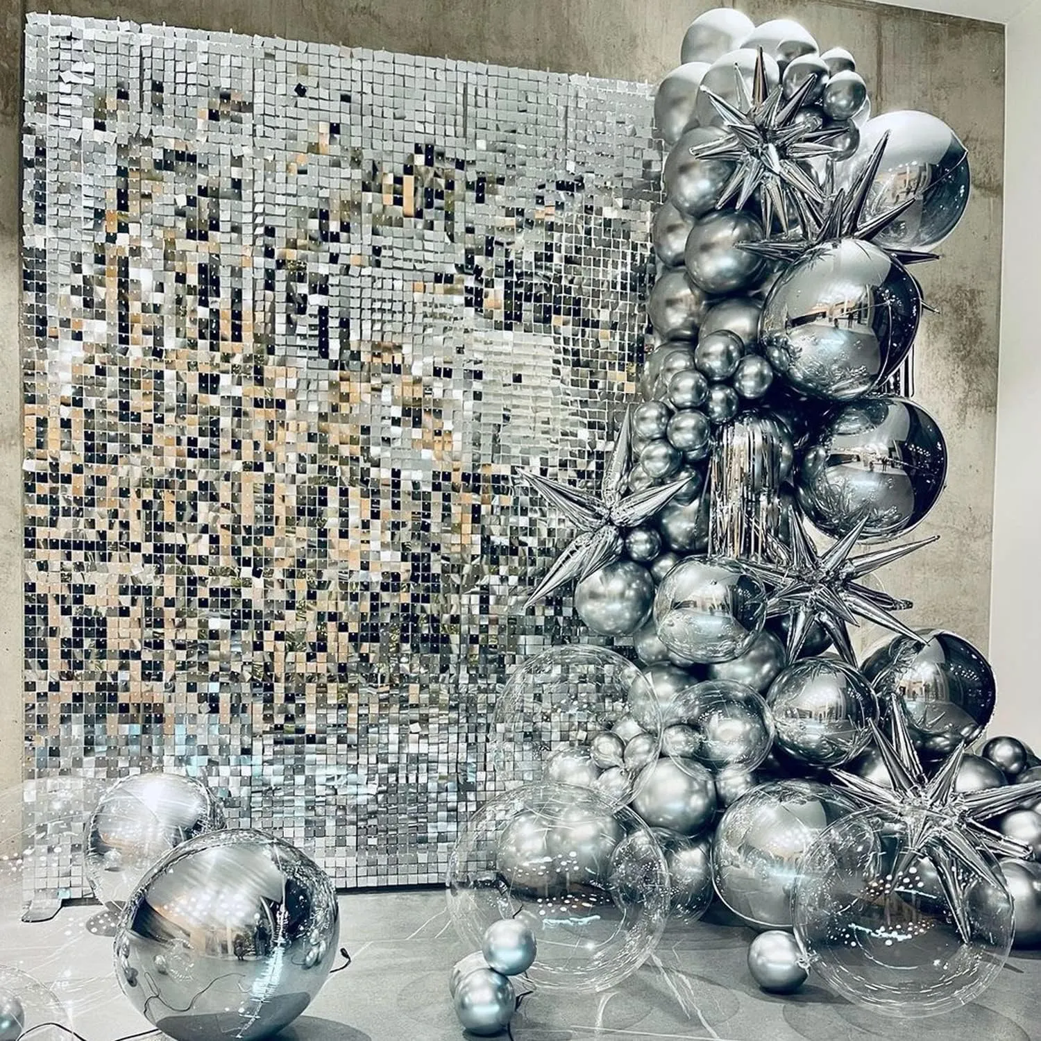 COKAOBE Silver Shimmer Wall Backdrop, 24PCS Square Sequin Shimmer Backdrop Panel, Photo Backdrops for Birthday, Anniversary, Wedding, Graduation & Bachelorette Party Decoration