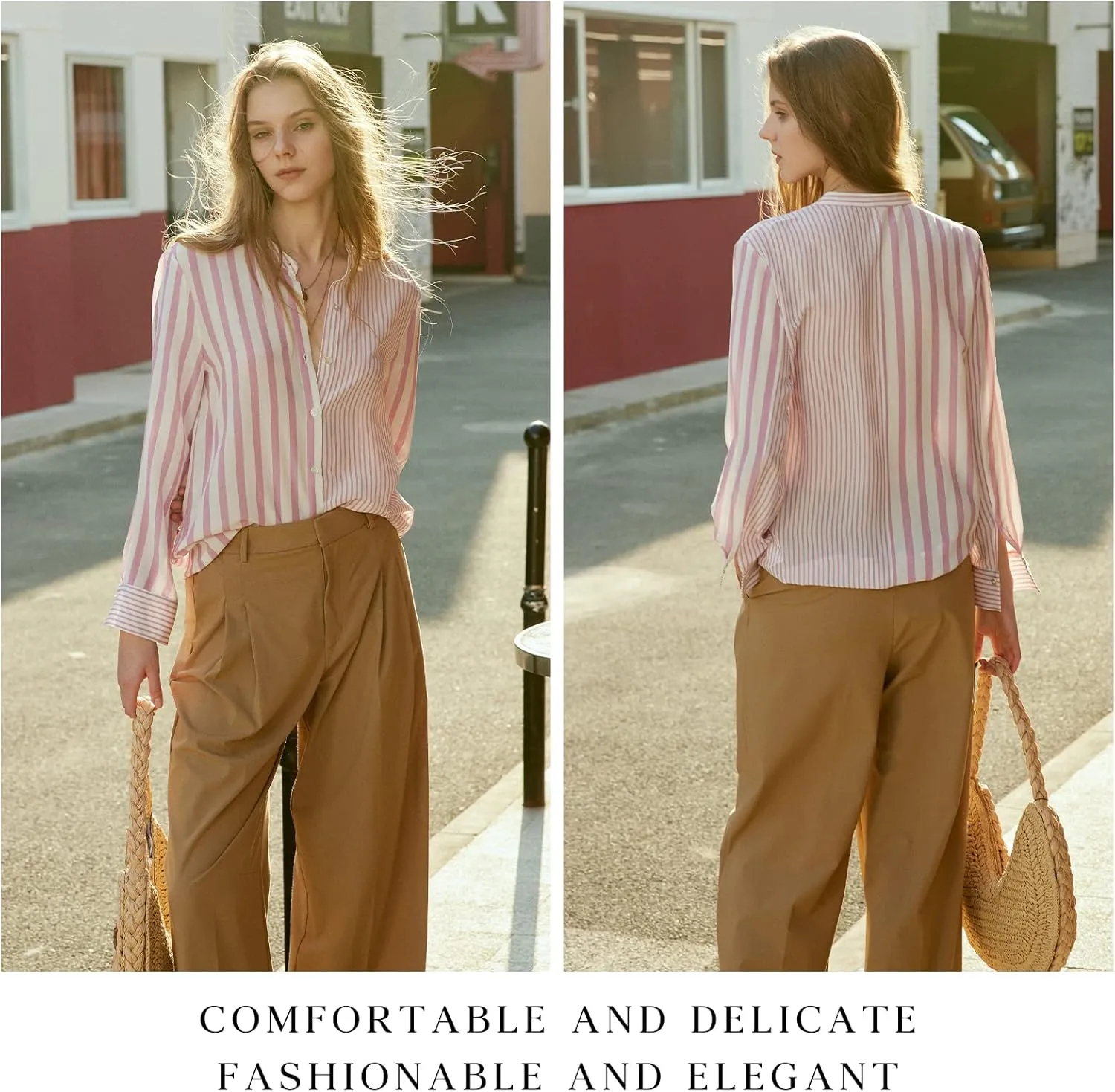 COLD POSH 100% Pure Mulberry Silk Blouse for Women Long Sleeve Button Down Stripe Shirt for Spring/Summer