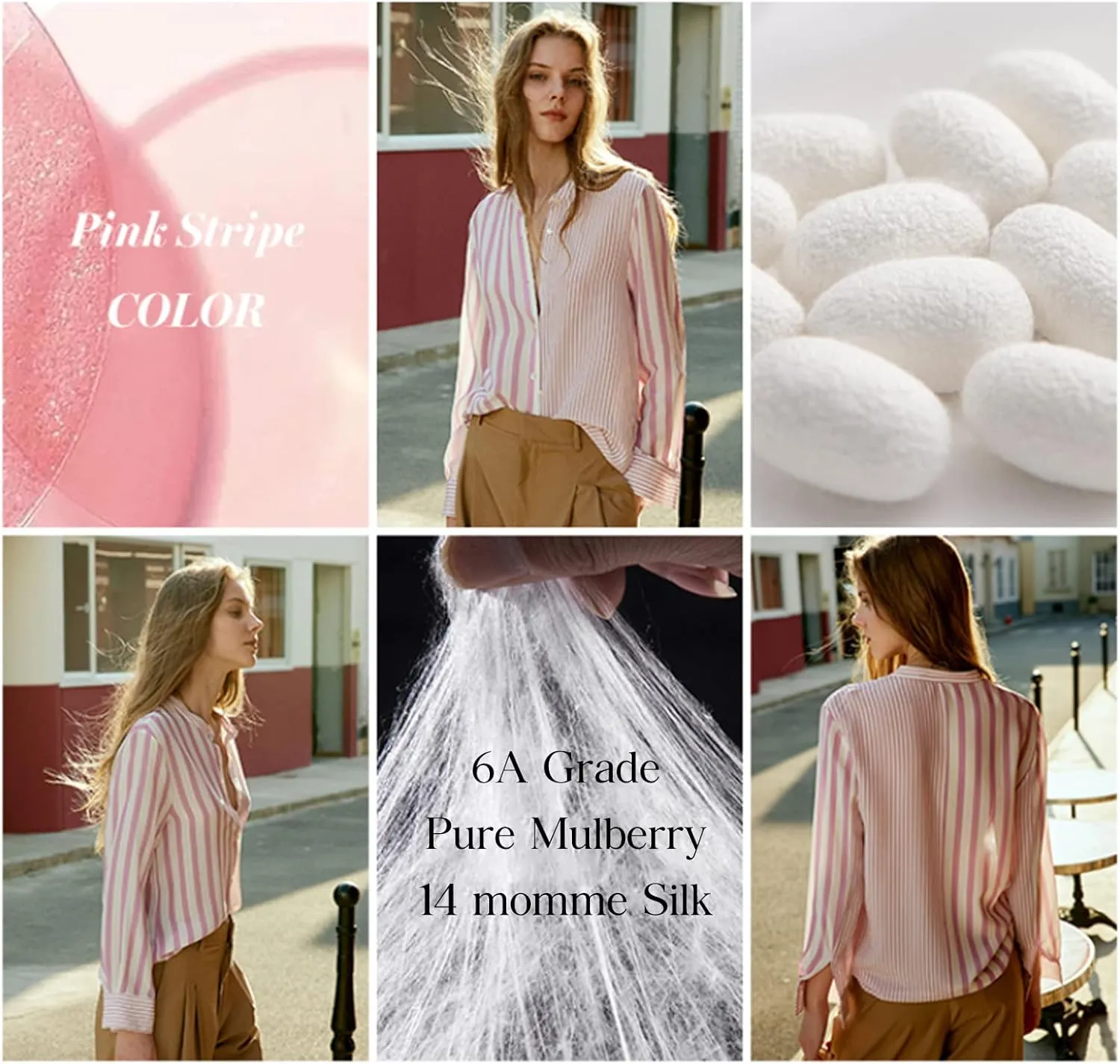 COLD POSH 100% Pure Mulberry Silk Blouse for Women Long Sleeve Button Down Stripe Shirt for Spring/Summer