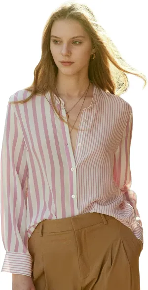 COLD POSH 100% Pure Mulberry Silk Blouse for Women Long Sleeve Button Down Stripe Shirt for Spring/Summer