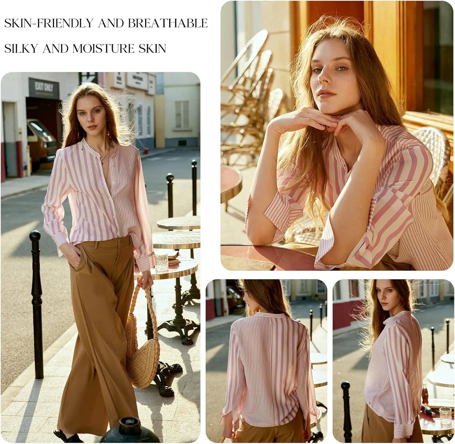 COLD POSH 100% Pure Mulberry Silk Blouse for Women Long Sleeve Button Down Stripe Shirt for Spring/Summer