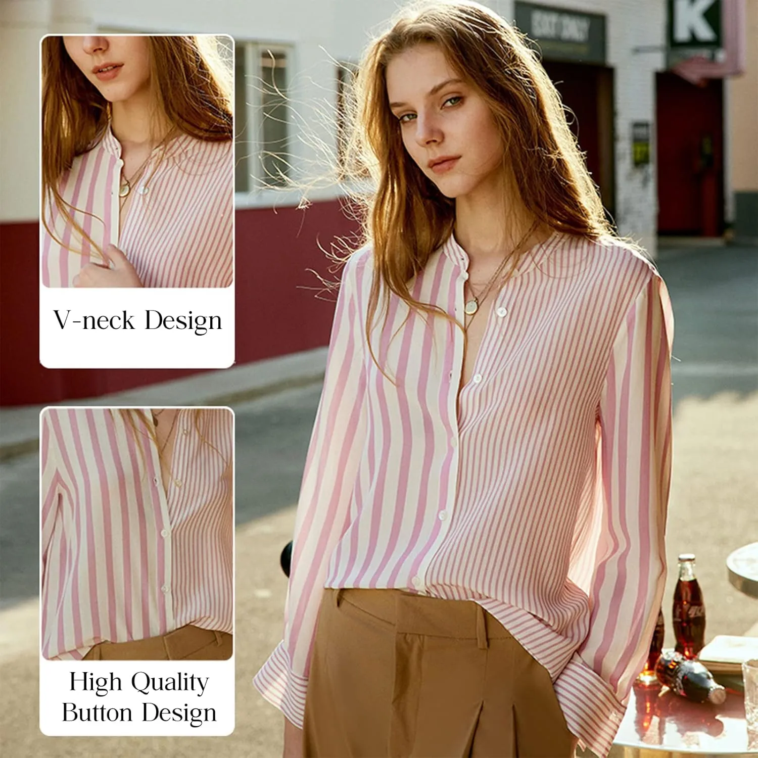 COLD POSH 100% Pure Mulberry Silk Blouse for Women Long Sleeve Button Down Stripe Shirt for Spring/Summer