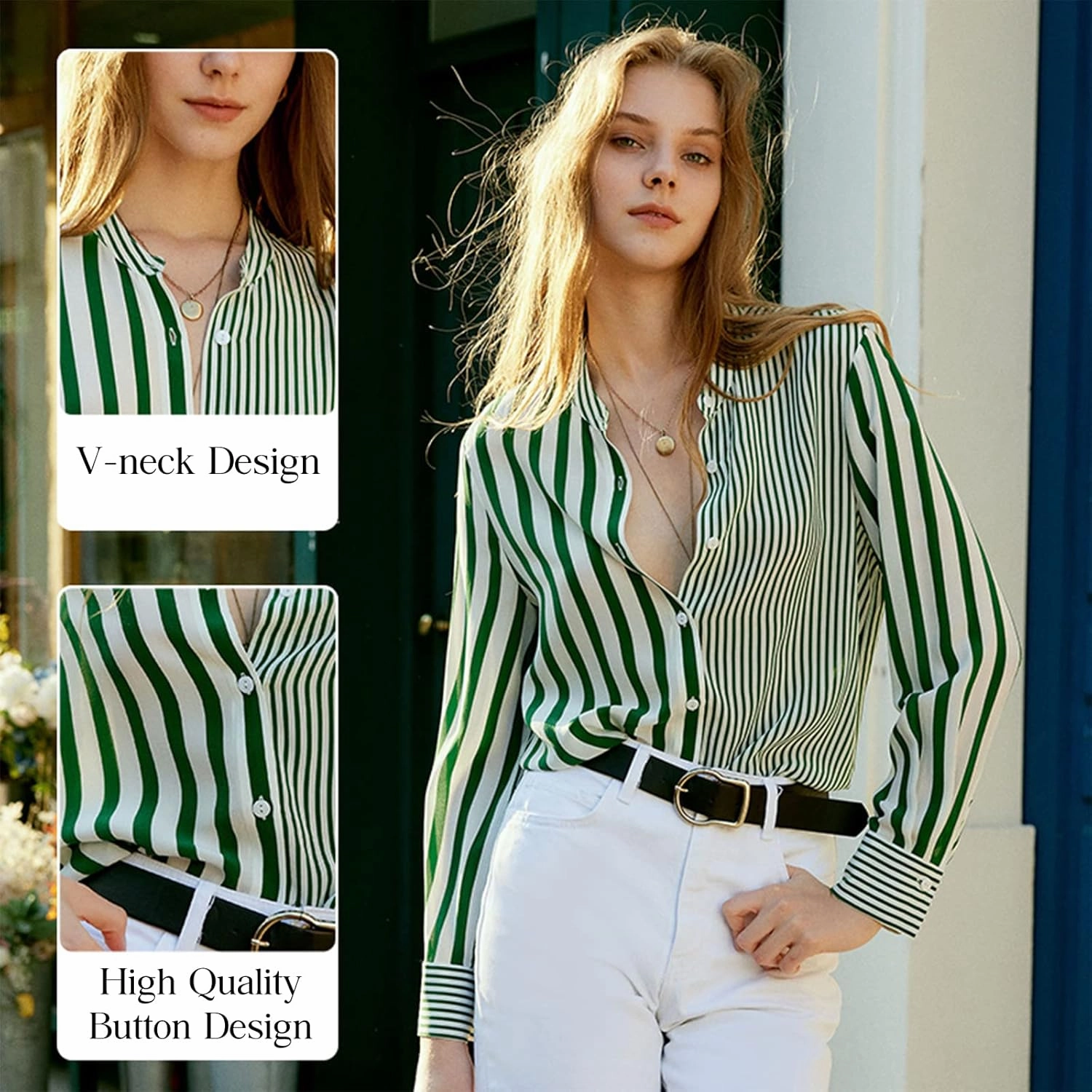 COLD POSH 100% Pure Mulberry Silk Blouse for Women Long Sleeve Button Down Stripe Shirt for Spring/Summer