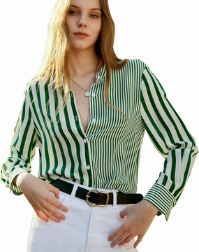 COLD POSH 100% Pure Mulberry Silk Blouse for Women Long Sleeve Button Down Stripe Shirt for Spring/Summer