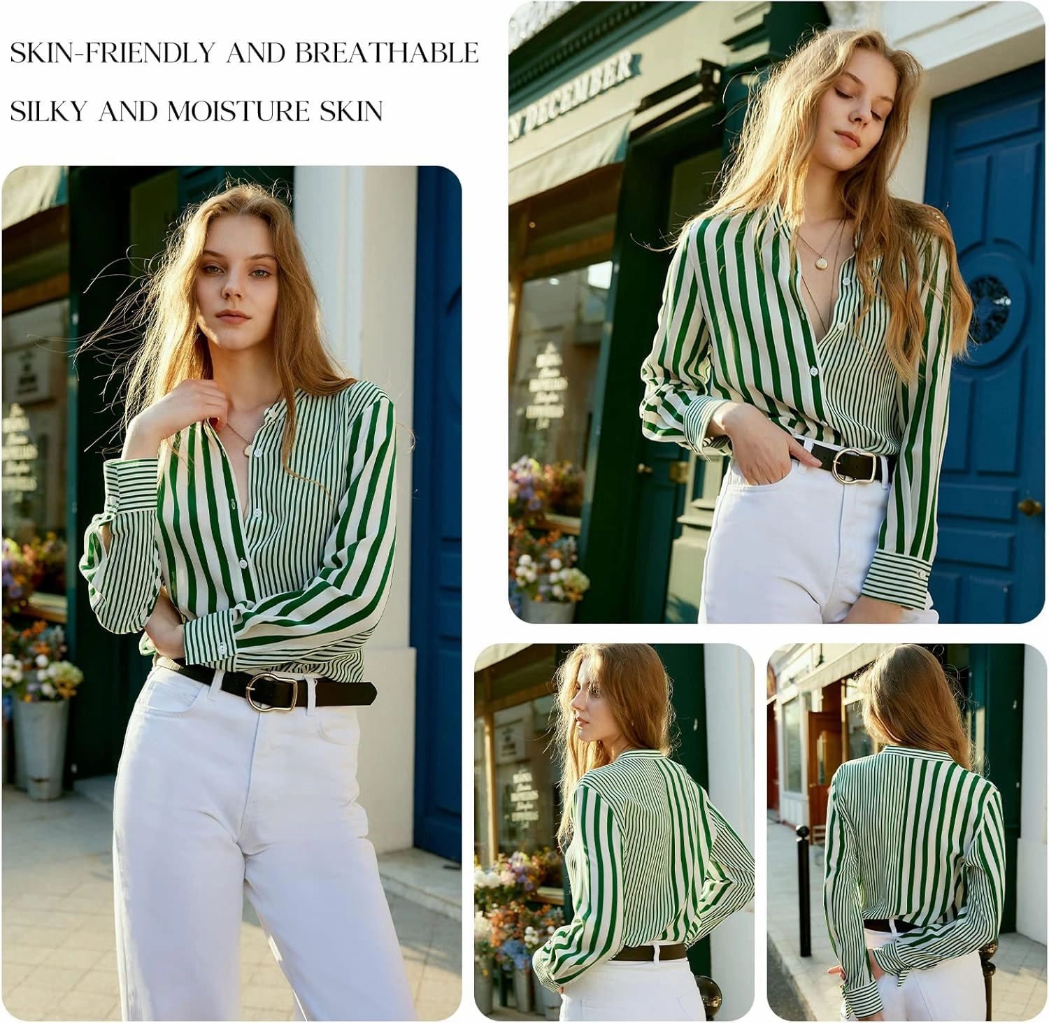 COLD POSH 100% Pure Mulberry Silk Blouse for Women Long Sleeve Button Down Stripe Shirt for Spring/Summer