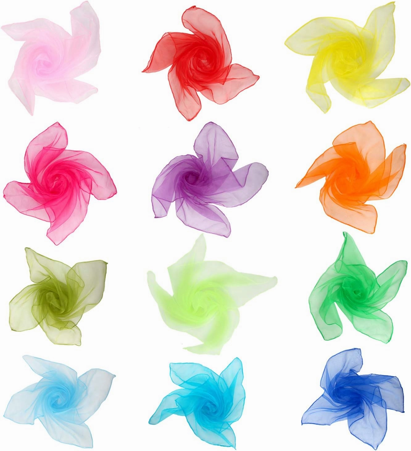 Colovis Square Dance Scarves, 48 Pcs Juggling Scarf Props Magic Trick Silk Scarves Music Movement Scarf 12 Colors 24 by 24 Inches