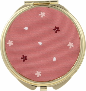 Compact Mirror, Nishijin Textile Silk Hand Mirror, Double-Sided Mirror, Magnifier, Made in Japan, Round Size, Cherry Blossom Pattern -15, Sakura (Pink/Gold)