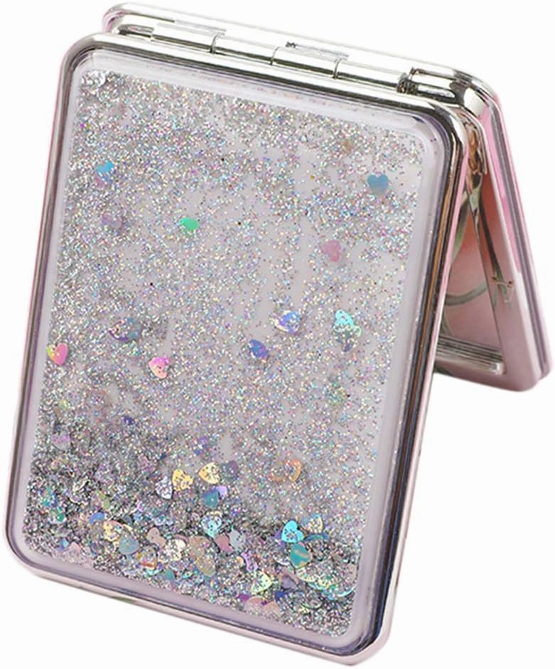 Compact Mirror Travel Pocket Makeup Mirror for Women, Purse Szie, Cosmetic Mirror Folding Magnifying Beauty Mirror - Silver, Square