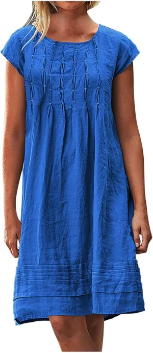 Cotton and Linen Dresses for Women Casual Summer 2023 Loose Cap Sleeve Square Neck Comfy Midi t-Shirt Sun Dress