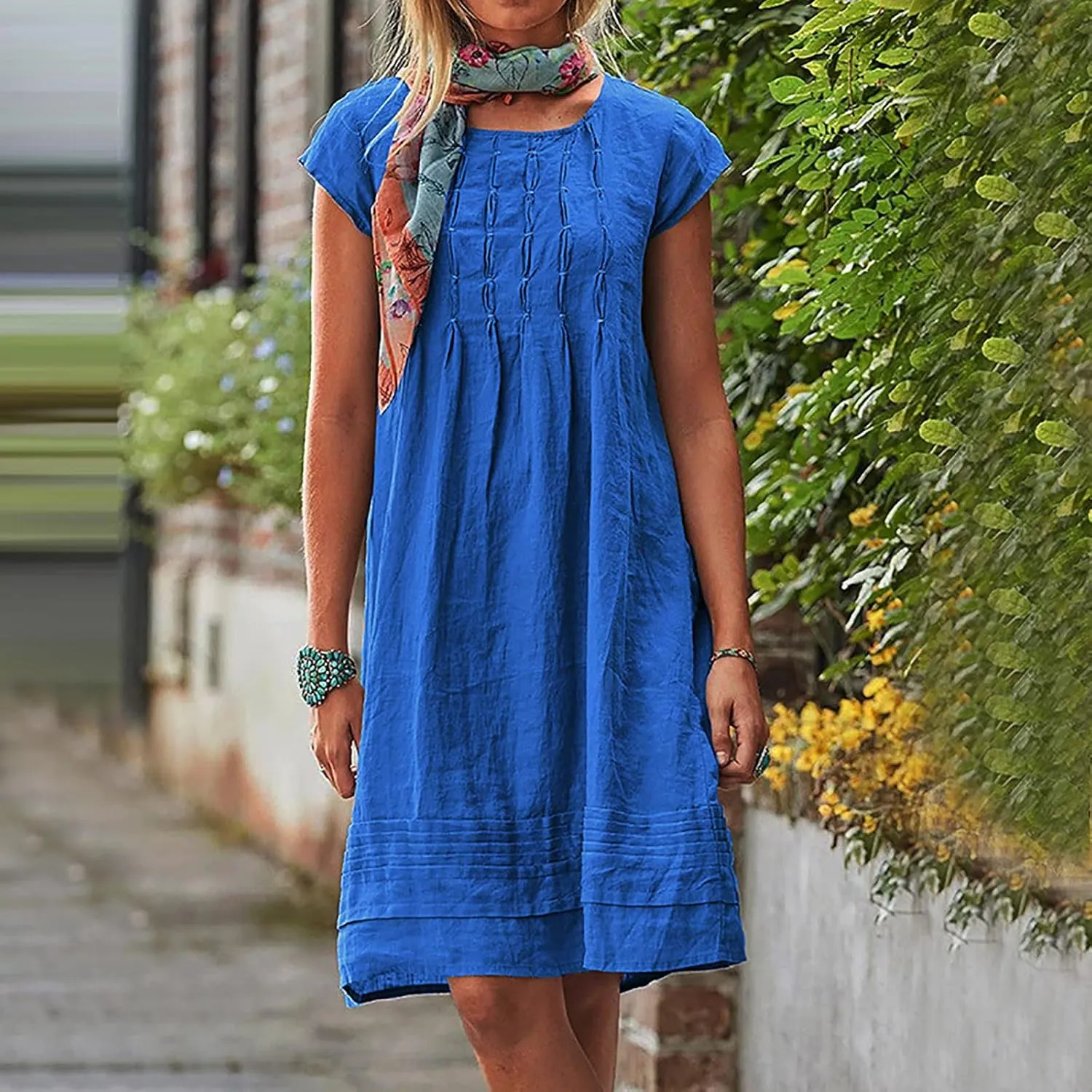 Cotton and Linen Dresses for Women Casual Summer 2023 Loose Cap Sleeve Square Neck Comfy Midi t-Shirt Sun Dress