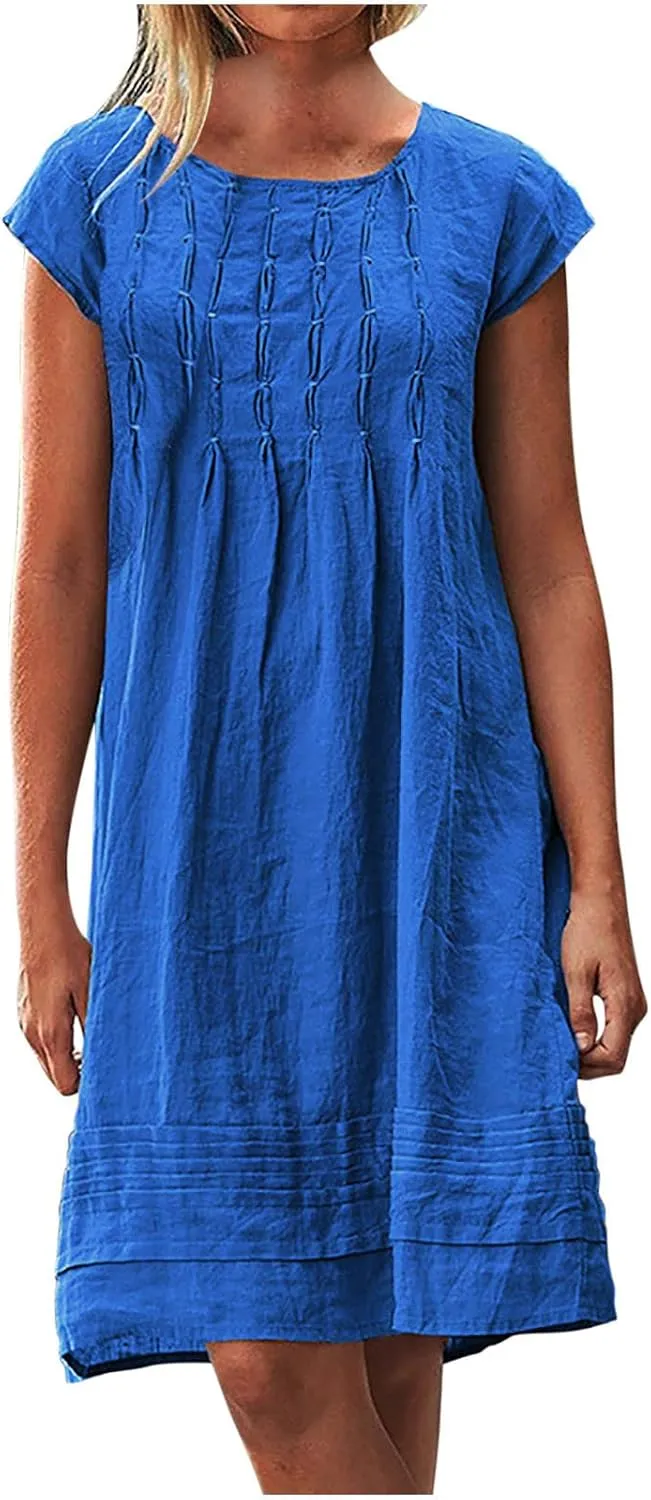 Cotton and Linen Dresses for Women Casual Summer 2023 Loose Cap Sleeve Square Neck Comfy Midi t-Shirt Sun Dress