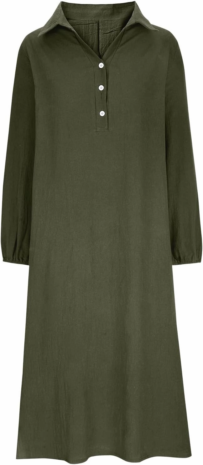 Cotton Linen Dresses for Women Plus Size V-Neck Button Down Tiered Flowy Long Sleeve Dress Comfy Maxi Dress Fall 2024