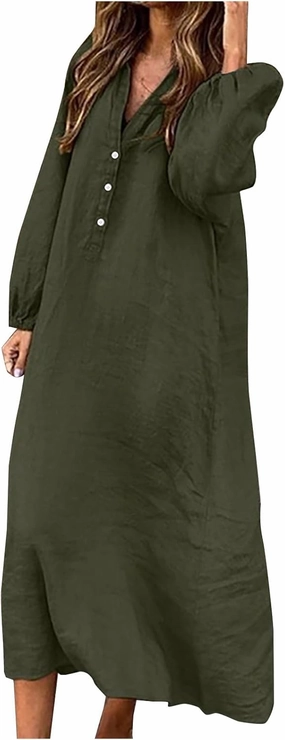 Cotton Linen Dresses for Women Plus Size V-Neck Button Down Tiered Flowy Long Sleeve Dress Comfy Maxi Dress Fall 2024