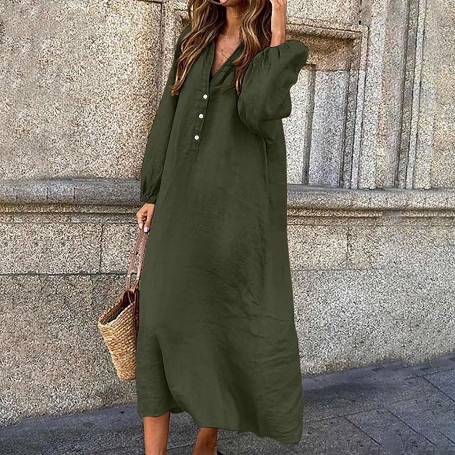 Cotton Linen Dresses for Women Plus Size V-Neck Button Down Tiered Flowy Long Sleeve Dress Comfy Maxi Dress Fall 2024