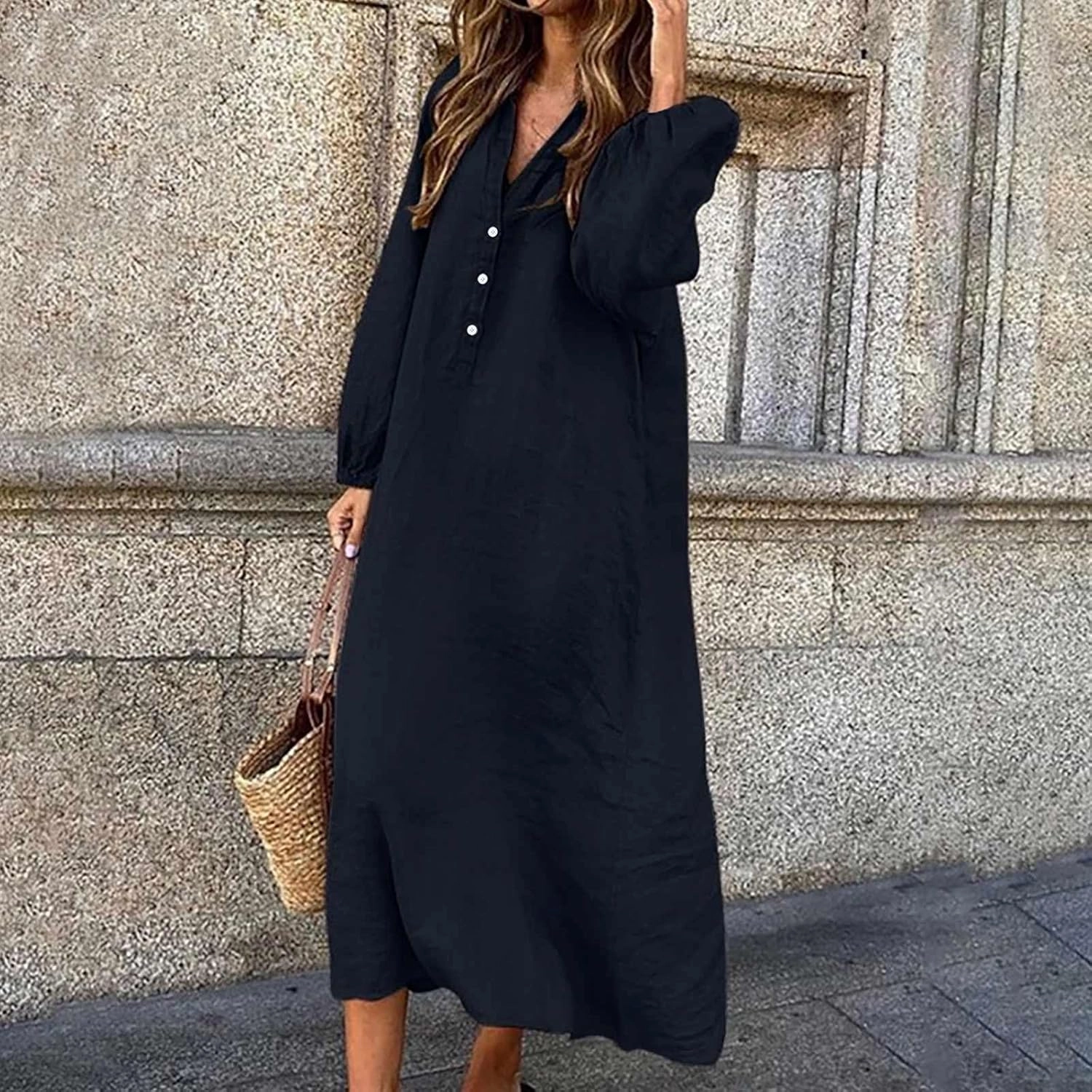 Cotton Linen Dresses for Women Plus Size V-Neck Button Down Tiered Flowy Long Sleeve Dress Comfy Maxi Dress Fall 2024