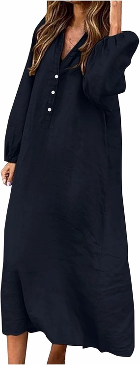 Cotton Linen Dresses for Women Plus Size V-Neck Button Down Tiered Flowy Long Sleeve Dress Comfy Maxi Dress Fall 2024