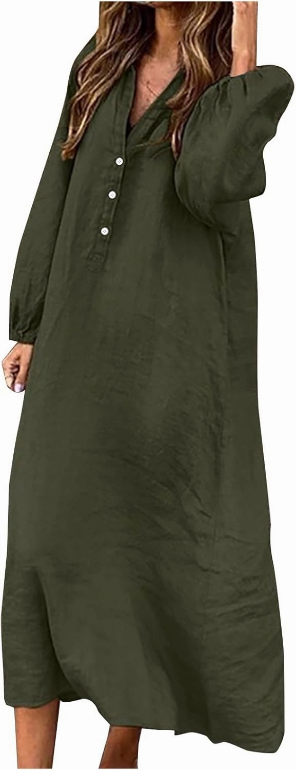 Cotton Linen Dresses for Women Plus Size V-Neck Button Down Tiered Flowy Long Sleeve Dress Comfy Maxi Dress Fall 2024