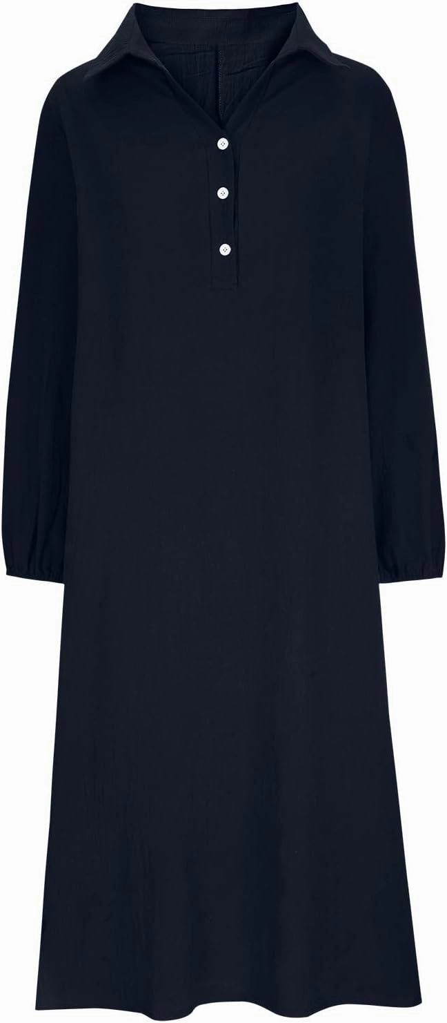 Cotton Linen Dresses for Women Plus Size V-Neck Button Down Tiered Flowy Long Sleeve Dress Comfy Maxi Dress Fall 2024